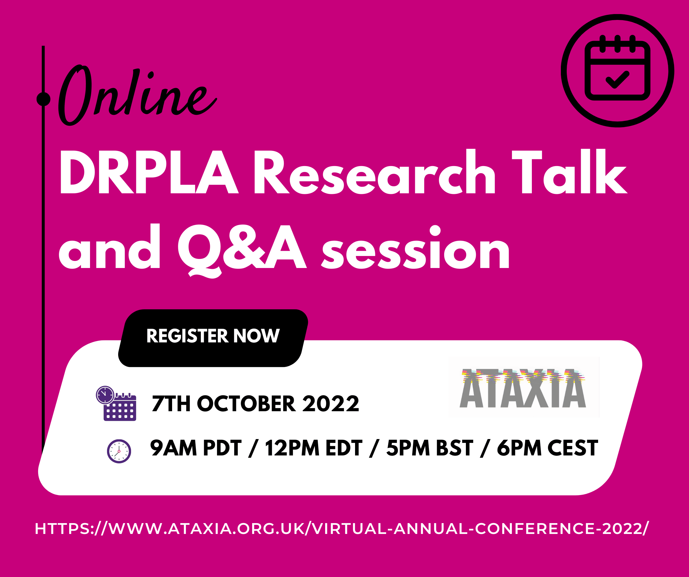 AUK conference 2022 – DRPLA talk v1 Online DRPLA research talk flyer